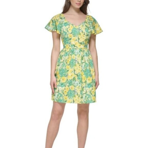 New Kensie Dresses Womens Mini Eyelet Fit & Flare Dress Citron Multi Size 6 - Picture 1 of 12